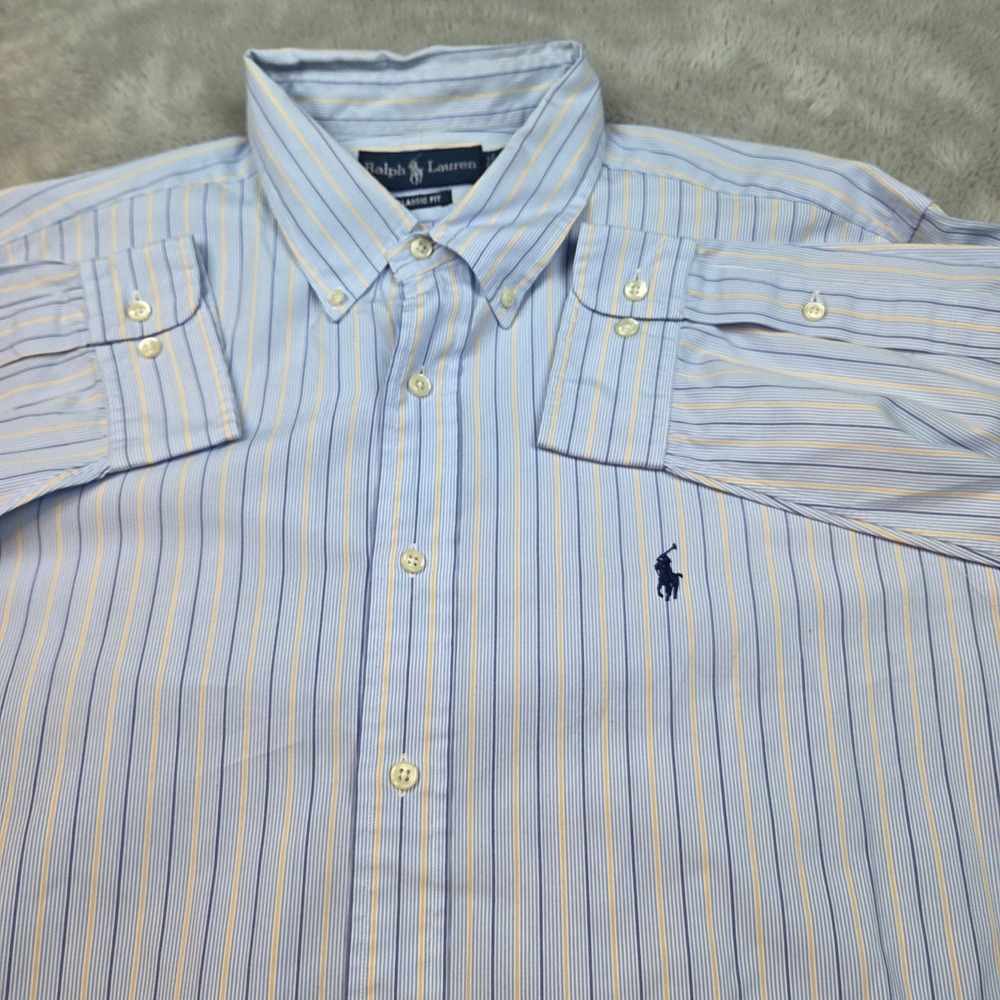 Ralph Lauren Striped Button Down Mens 17.5 34/35 Blue Yellow Classic Fit‎ Shirt